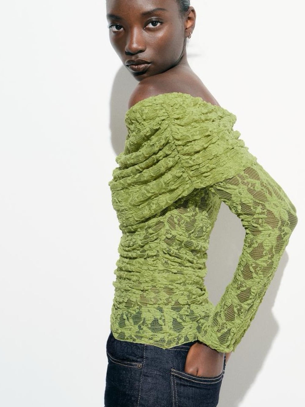 Zara Lace Top With Open Shoulders Translucent Square Neckline Pistachio Green